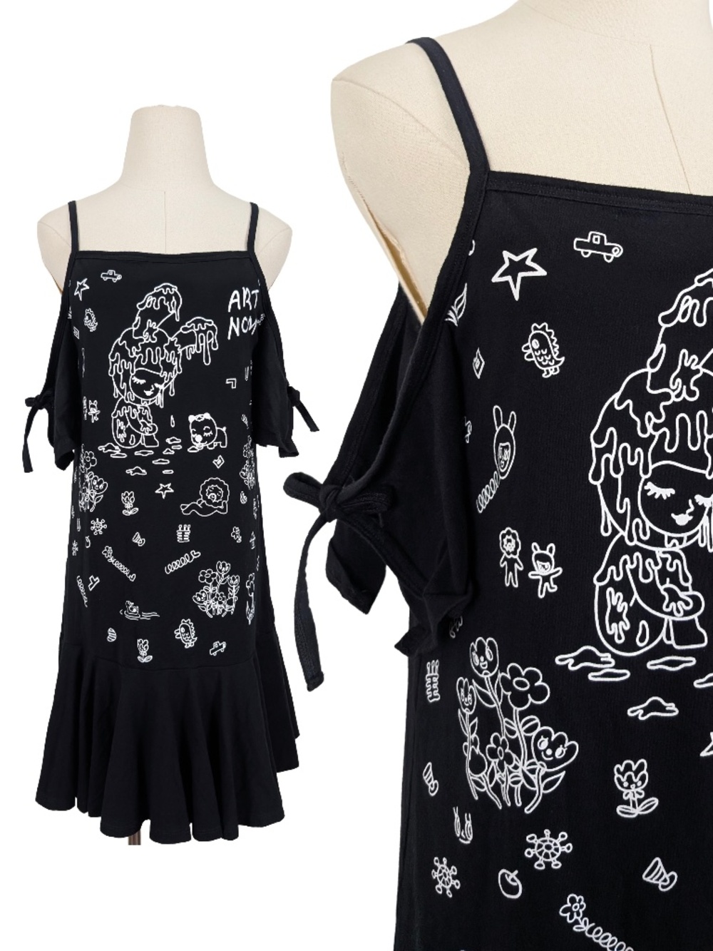 Tout a Coup Black Drop Waist Mini Dress Art Nom Graphic Off the Shoulder
